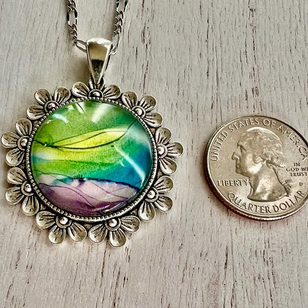 Watercolor Flower Pendant Necklace, Floral Metal Necklace, Boho Jewelry - Picture 2 of 11